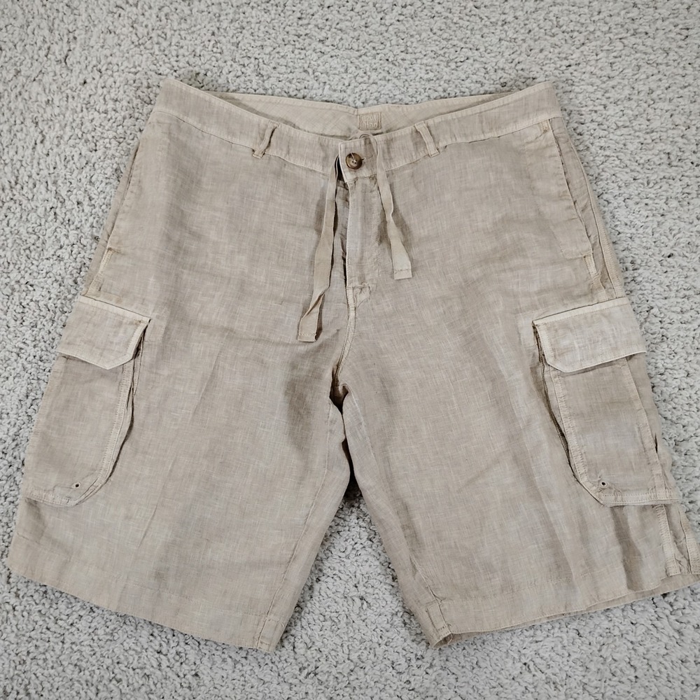 120% Lino Shorts Mens 56 (US 40) Beige Linen Beach Cargo Drawstring Designer - Picture 1 of 10